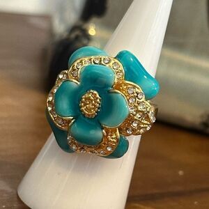 CBC Cubic Zirconia Blue Enamel & Gold Floral Sz 7